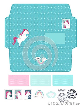 Magic vector die laser cut envelope template with unicorns. Fantasy and lovely set. Vector Illustration